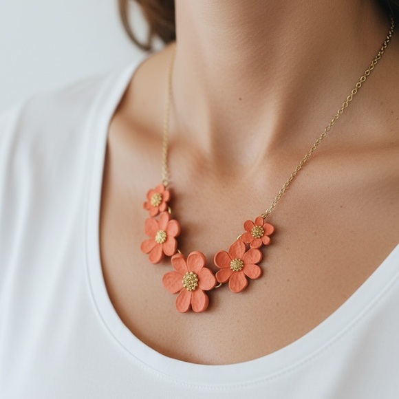NEW Coral Flower Statement Necklace Gold Tone Floral Theme for Spring Summer - Picture 3 of 4